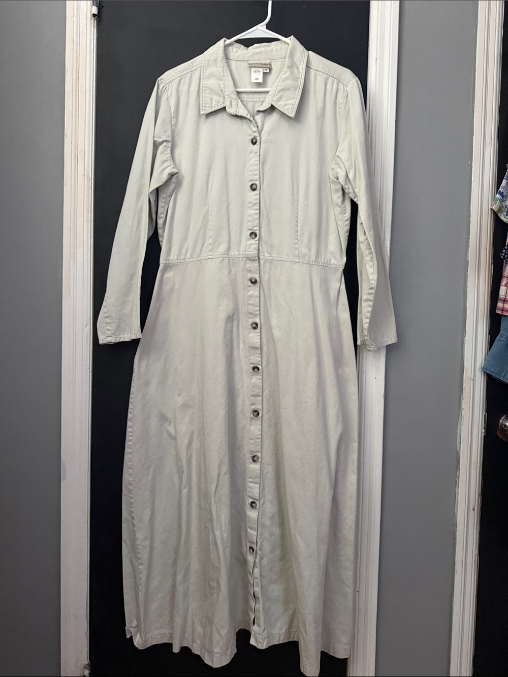 Coldwater Creek Long Sleeve Button Front Midi Dress Size: 14 Neutral Safari